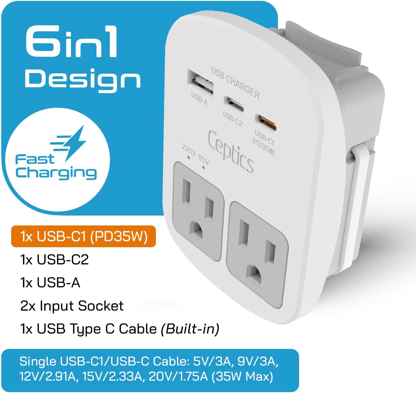 Ceptics Universal Travel Adapter Kit - 2 USB, USB-C Cord+2 US Outlets QC 3.0, Surge Protection, Plugs for Europe, UK, China, Australia, Japan - Perfect for Laptop, Cell Phones, Cameras,Safe ETL Tested - Image 2