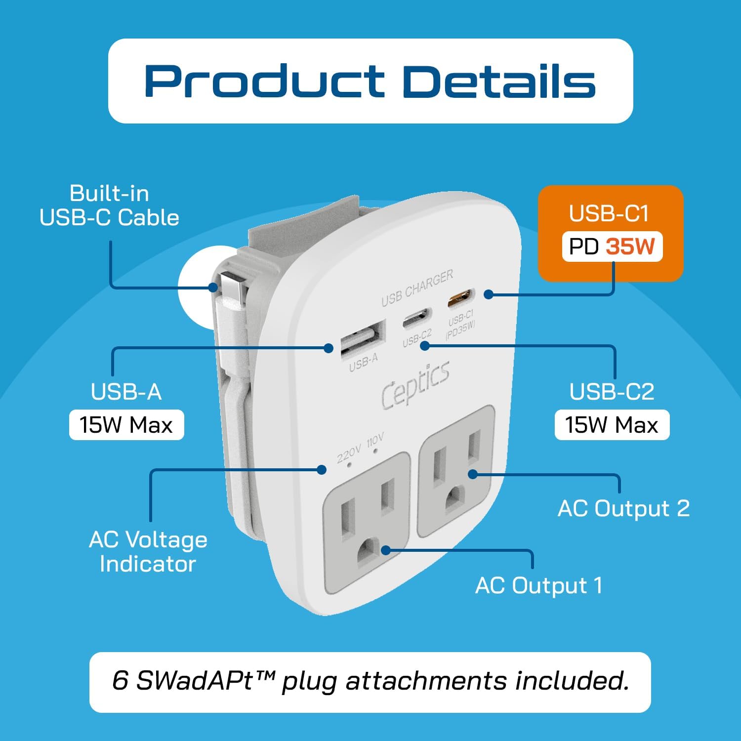 Ceptics Universal Travel Adapter Kit - 2 USB, USB-C Cord+2 US Outlets QC 3.0, Surge Protection, Plugs for Europe, UK, China, Australia, Japan - Perfect for Laptop, Cell Phones, Cameras,Safe ETL Tested - Image 3