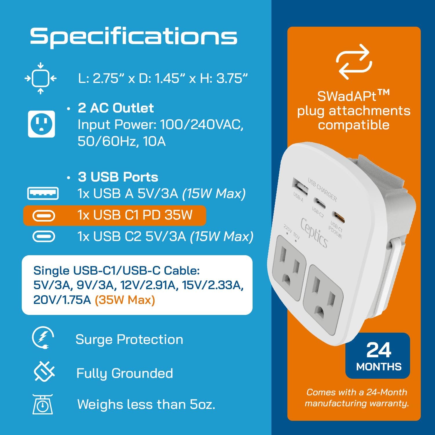 Ceptics Universal Travel Adapter Kit - 2 USB, USB-C Cord+2 US Outlets QC 3.0, Surge Protection, Plugs for Europe, UK, China, Australia, Japan - Perfect for Laptop, Cell Phones, Cameras,Safe ETL Tested - Image 4