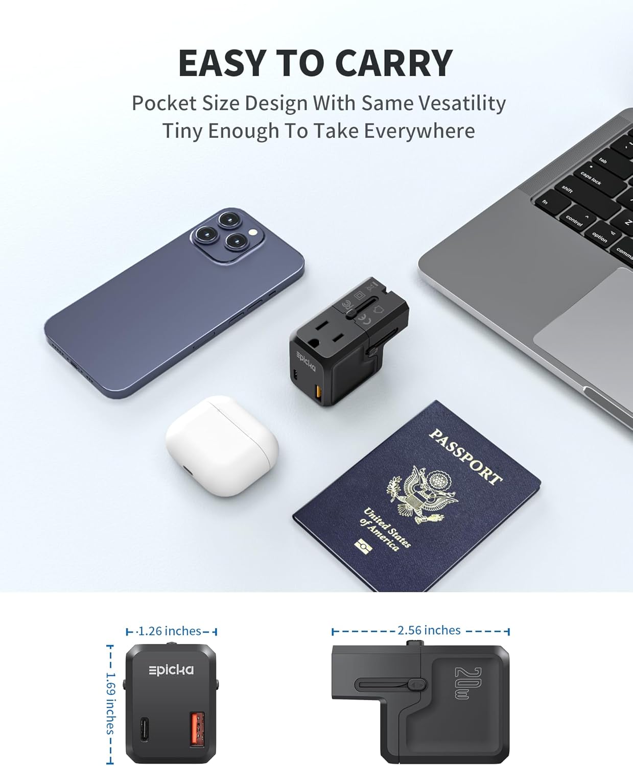 EPICKA Universal Travel Adapter, International Plug Adapter Wall Charger with 20W USB-C PD & USB-A QC, All-in-One Pocket Size Adapter for USA EU UK AUS (Pocket 111, Black) - Image 4