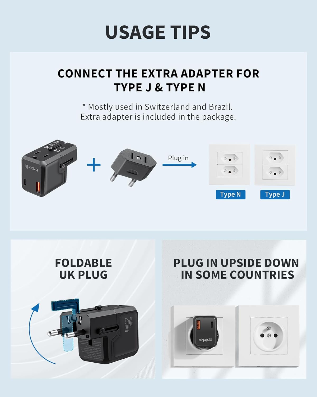 EPICKA Universal Travel Adapter, International Plug Adapter Wall Charger with 20W USB-C PD & USB-A QC, All-in-One Pocket Size Adapter for USA EU UK AUS (Pocket 111, Black) - Image 7
